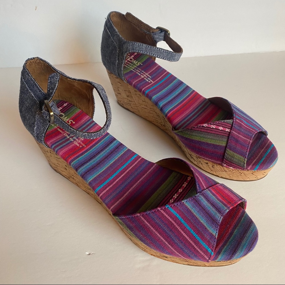 TOMS Chambray-Fuchsia Stripe Cork Wedge Sandals